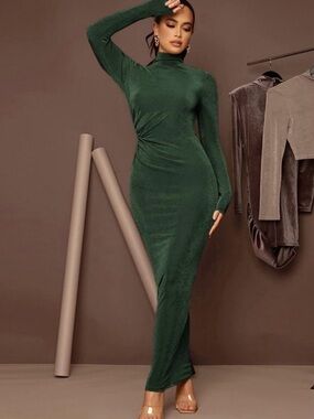 Forest Green Turtleneck Long-Sleeve Maxi Dress